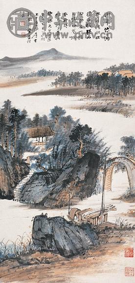 张大千 湖桥清话 镜心 设色纸本