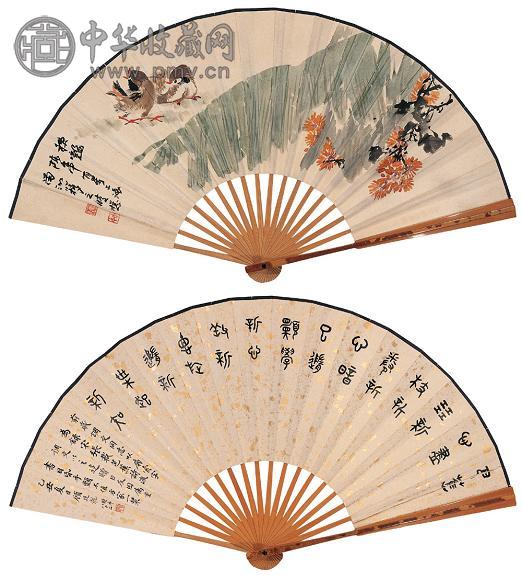 陈世中 顾延龙 芭蕉鸳鸯图并篆书 成扇 设色纸本