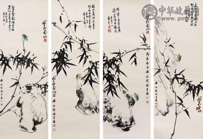 温永琛 范昌干 竹虫四屏 镜心 设色纸本