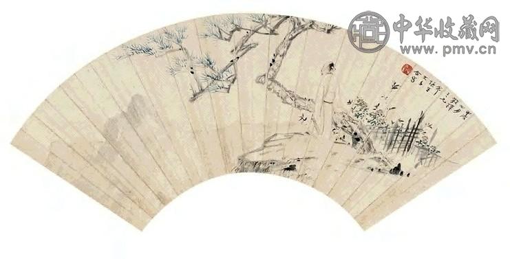 张大千 汪溶 甲戌(1934年)作 松下高士 扇面 设色纸本