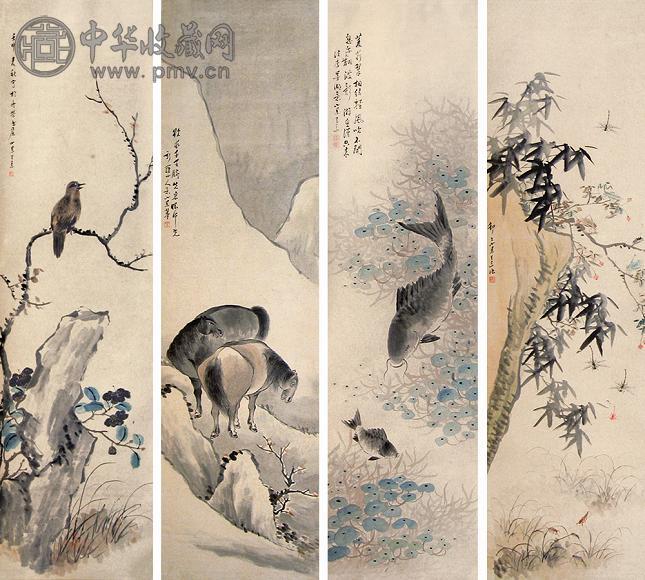 王素 壬申(1872年作) 花鸟 四屏 设色纸本