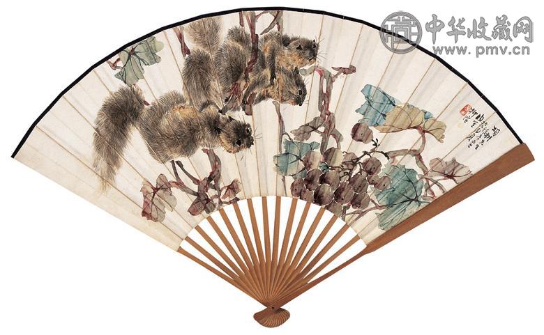 柳渔笙 任堇 松鼠图并行书 成扇 设色纸本