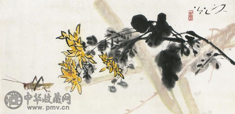 谢之光 草虫花卉 横幅 设色纸本