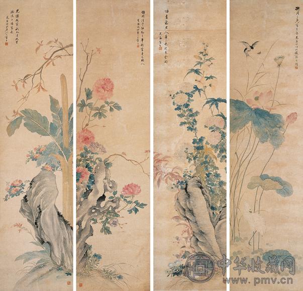 杨伯埙 1879年作 花鸟 四屏 设色纸本