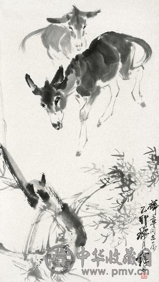 刘继卣 乙卯秋月(1975年)作 双驴图 立轴 水墨纸本