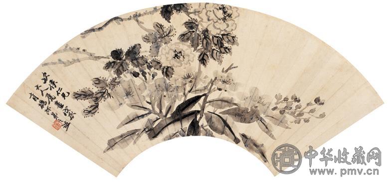 赵之谦 月季图 扇面 水墨纸本