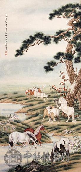 常曾灏 丁亥(1947年)作 群马 镜心 设色纸本