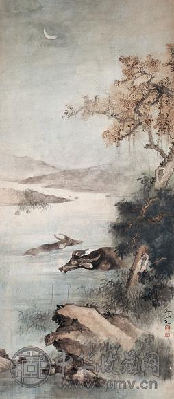 方人定 浴牛图 立轴 设色纸本