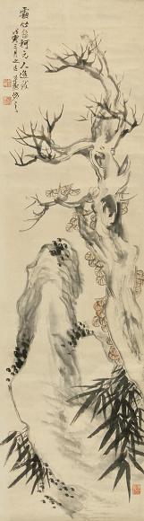 胡公寿 戊寅(1878年)作 树石 立轴 水墨绫本