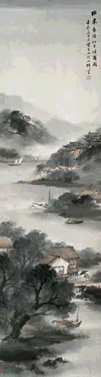 吴石僊 壬辰(1892)年作 江干烟雨图 立轴 设色纸本