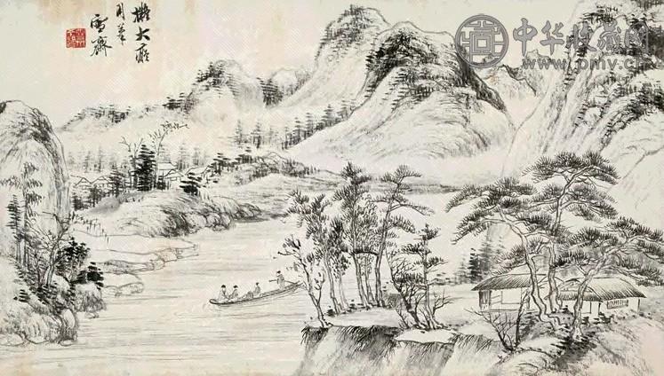 傅伒 载酒泛舟图 立轴 水墨纸本