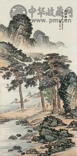 袁松年 癸未(1943年作) 松坞观渔 单片 设色纸本
