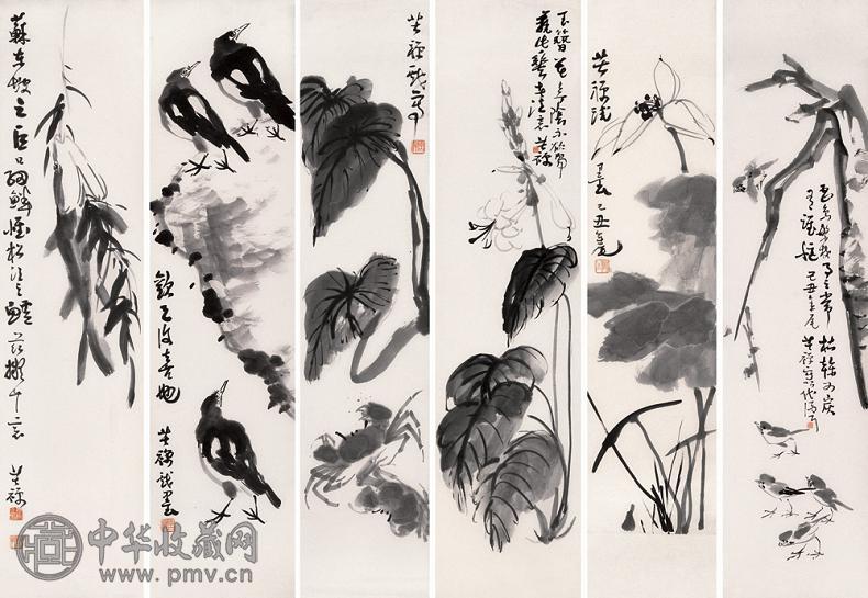 李苦禅 乙丑(1949)年作 花鸟(6幅) 镜心 水墨纸本