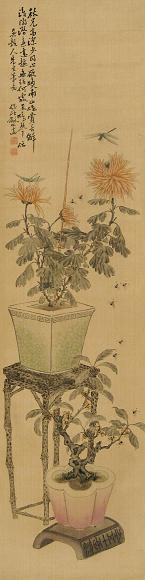 吕景龢 草虫花卉 立轴 设色绢本