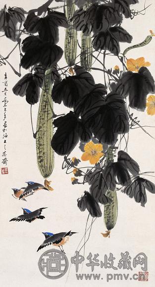 乔木 黄花飞禽图 立轴 设色纸本