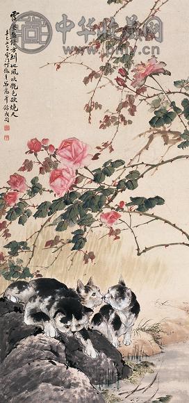 何德身 1941年作 花阴猫戏 立轴 设色纸本