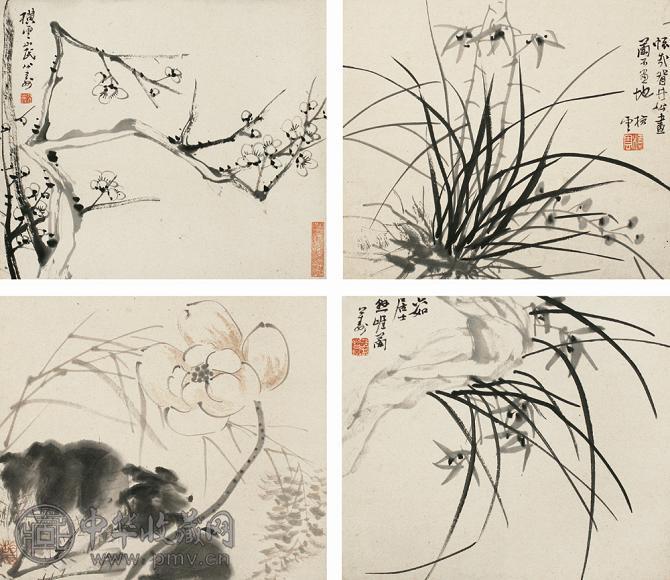 胡公寿(4片) 镜心 水墨纸本