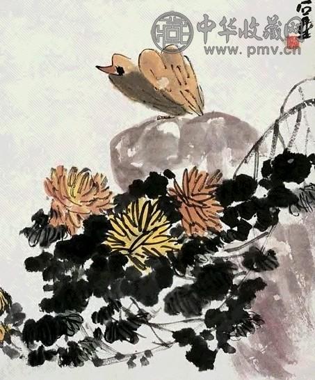 近现代 陈子庄 菊石小鸟 轴