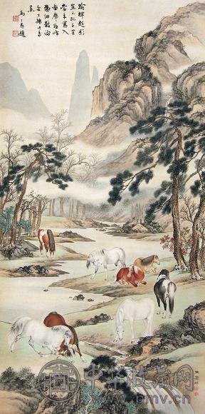 朱庆琪 八骏图 立轴 设色纸本