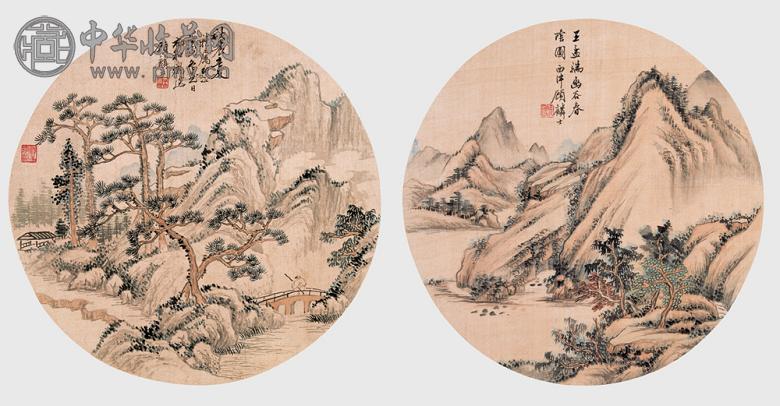 顾麟士 山水 圆光 绢本