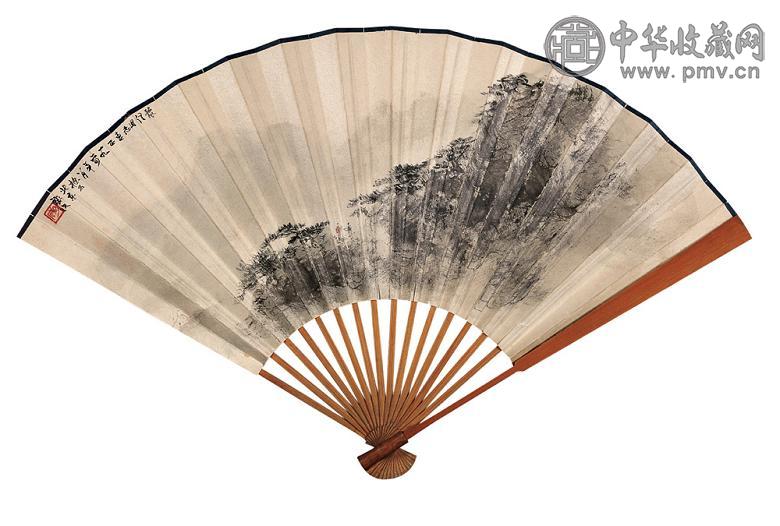 傅抱石 1964年作 观山图 成扇 设色纸本
