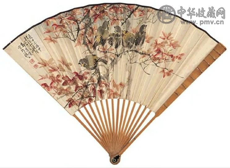 郑集宾 己卯(1939年)作 花鸟 成扇 设色纸本