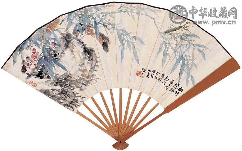 陈摩 余觉 螳螂翠竹图 草书 成扇 设色纸本