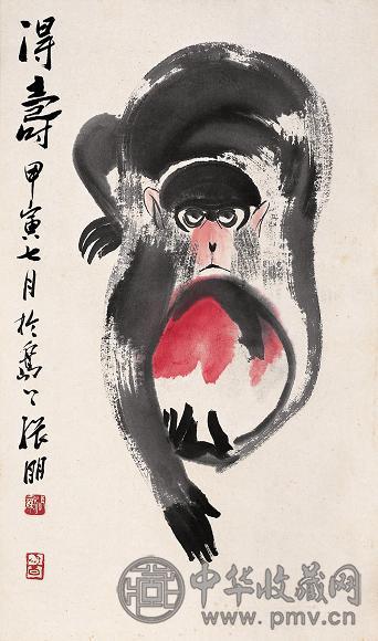 张朋 1974年作 得寿 立轴 设色纸本