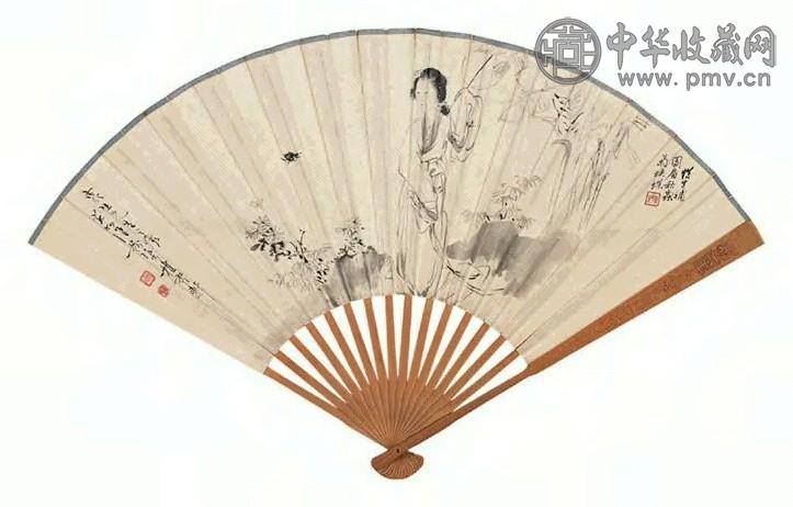 徐操 汪溶 蕉荫仕女图 成扇 水墨纸本