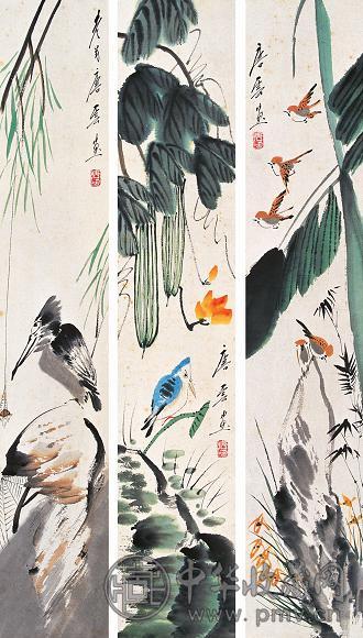 唐云 花鸟 三屏 设色纸本