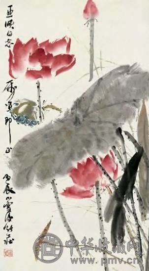 张大壮 红荷图 立轴 设色纸本