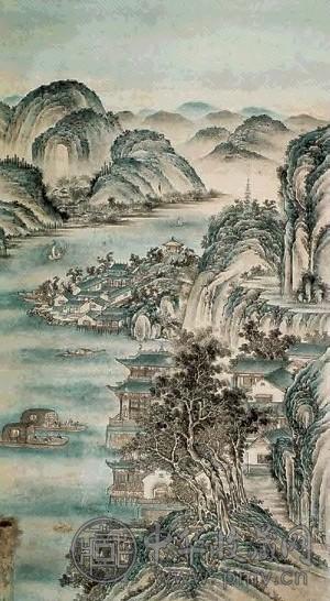 卢湛 山水楼阁 立轴 设色纸本