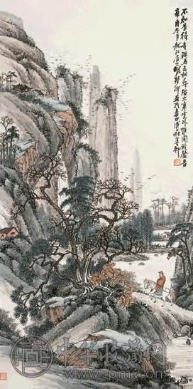 胡郯卿 民国辛酉年(1921)作 山水人物 立轴 设色纸本