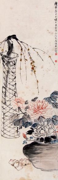 贺天健 郑午昌 孙雪泥 庚午(1930年)作 花卉 立轴 设色纸本
