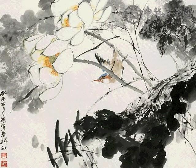 韩敏 2003年作 荷花小鸟图 镜心 设色纸本