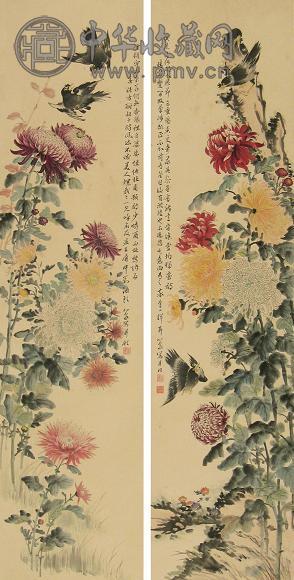 肖心泉 花鸟 对屏 设色纸本