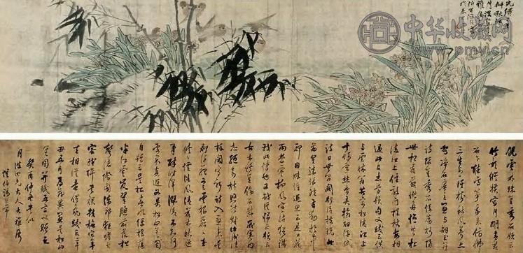 任伯年 光绪丁丑(1877年)作 水仙、麻雀图 手卷 设色绫本