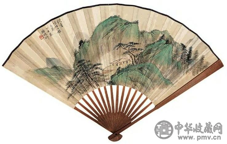 徐曦 1935年作 听松图 扇面 设色笺本