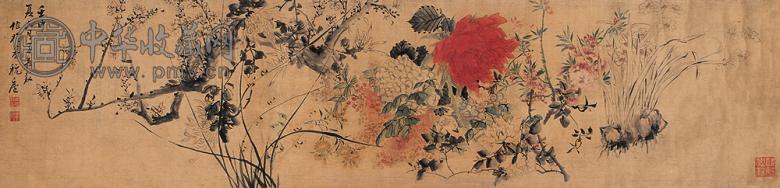 周应谷 繁花图 横幅 设色绫本