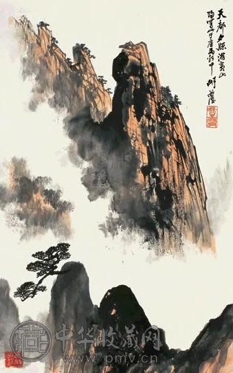 胡若思 天都夕照 立轴 设色纸本