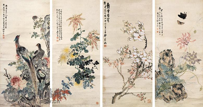 陈康侯 等 花鸟 四屏 设色纸本