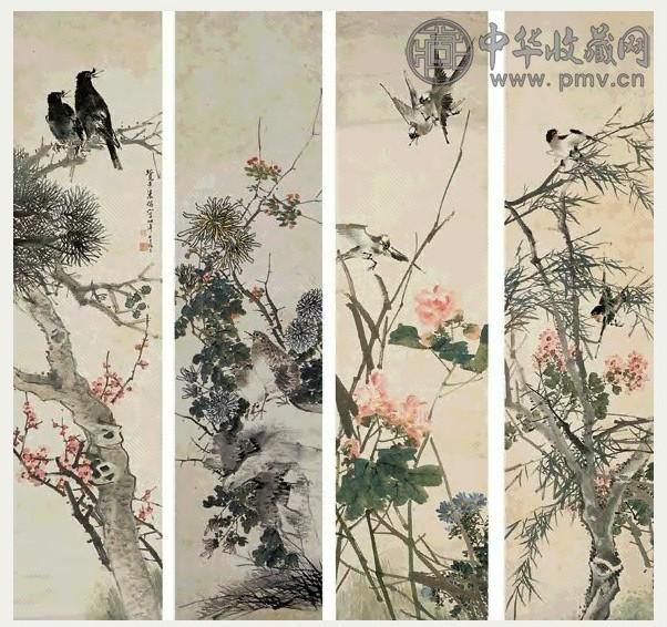 朱梦庐 1899年作 花鸟 四屏 设色纸本