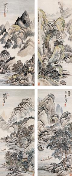 姜筠 1907年作 山水 四屏 设色纸本