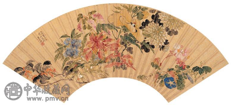 王銮 繁花图 扇面 设色金笺