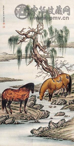 马晋(款) 双马 镜心 设色纸本