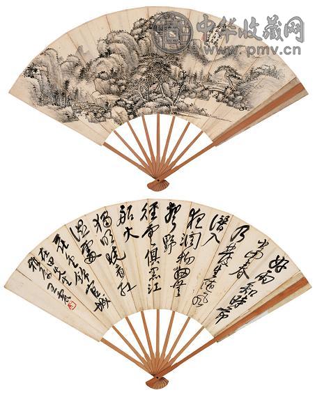 吴待秋 王一亭 松山溪涧图并行书 成扇 设色纸本