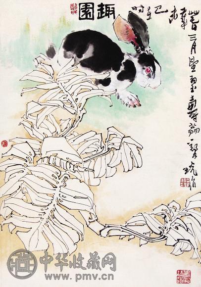 郑乃珖 己未(1979年)作 芭蕉兔子 立轴 设色纸本