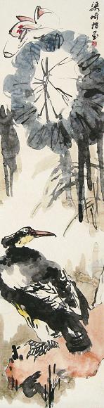 梁崎 鹭鸶荷花 立轴 设色纸本