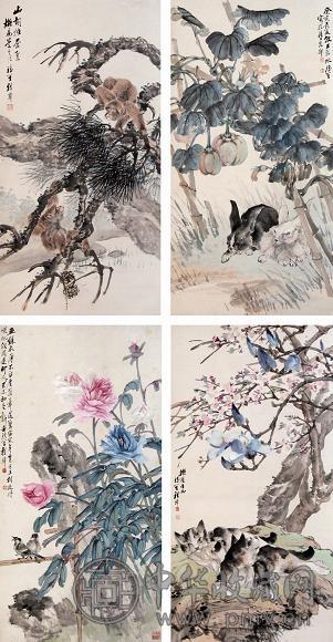 程璋 癸亥(1923年)作 双兔 猴 猫 花鸟 立轴 设色纸本