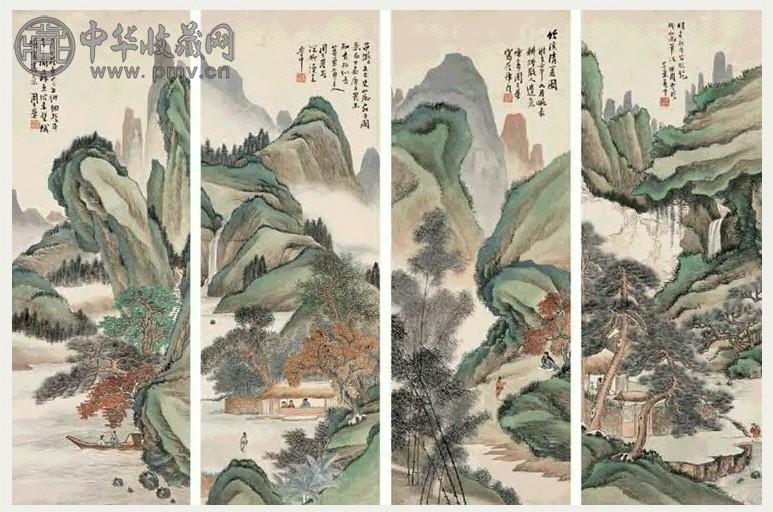 周丕基 1942年作 拟各家山水 四屏 设色纸本